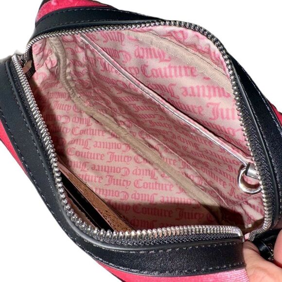 Juicy Couture Hollyhock Candy Pink Velour & Black Faux Leather Crossbody Bag - Picture 11 of 15